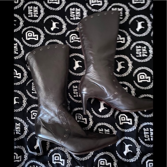 Prevata Brown Leather Studded Mid-Calf Boots Italy - Picture 1 of 9